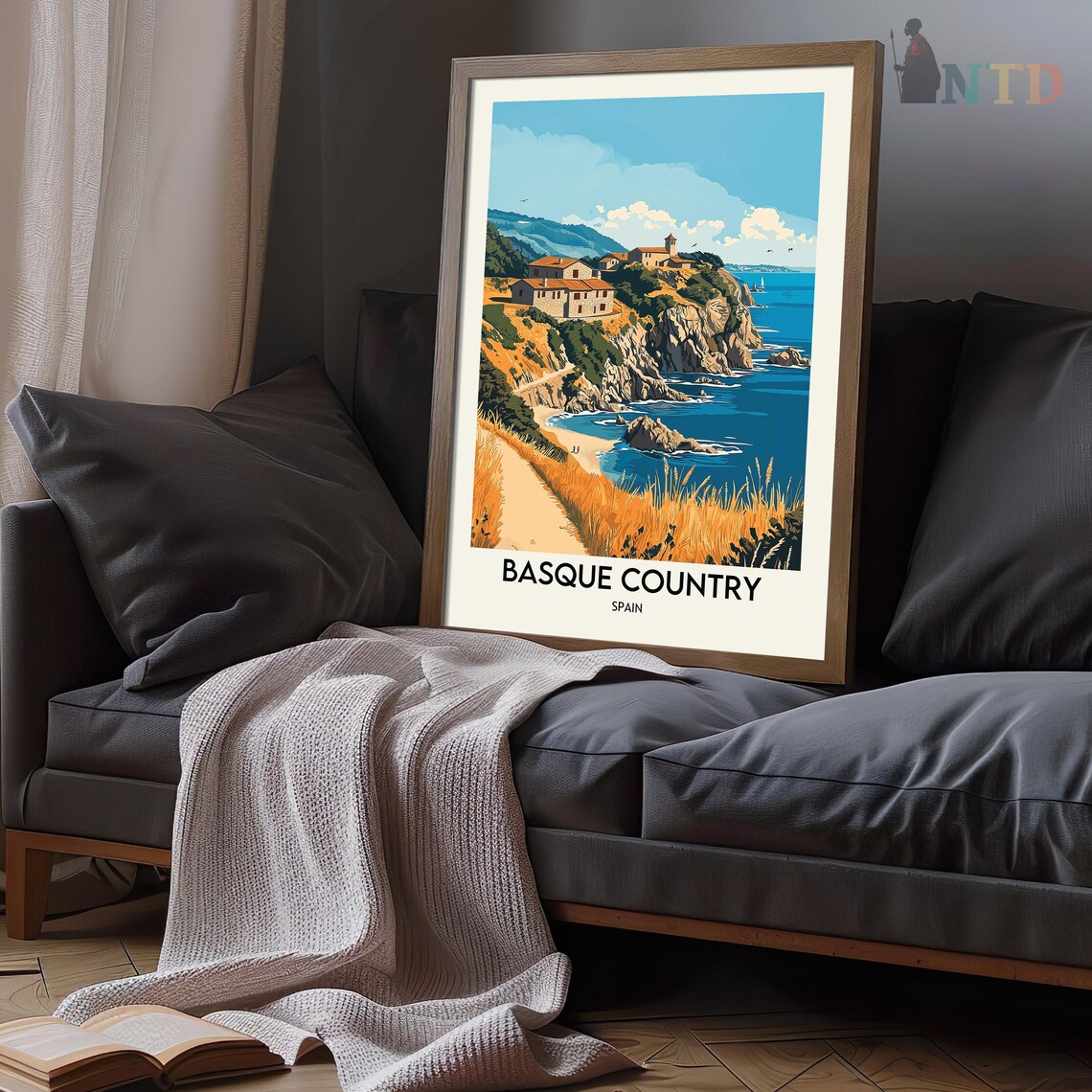 Basque Country Spain Golden Cliff Path Village Travel Poster - Image 3