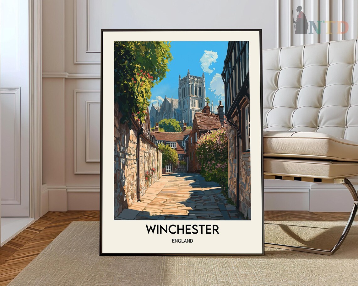 Winchester England Historic Cathedral Street Vintage Travel Poster