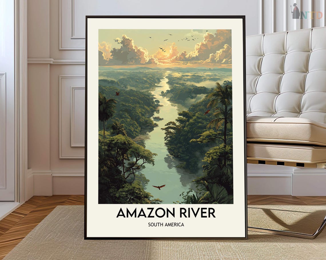 Amazon River Sunset Macaws Jungle Illustrated Nature Travel Poster