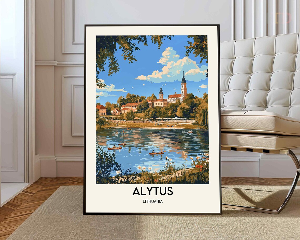 Alytus Lithuania Vintage-Style Riverside Travel Illustration Poster
