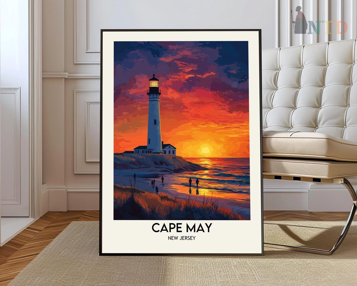 Cape May Lighthouse Sunset Beach Strollers Vintage Travel Poster
