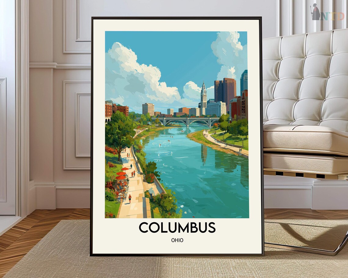 Columbus Ohio River Skyline Bridge And Riverside Walkway Poster