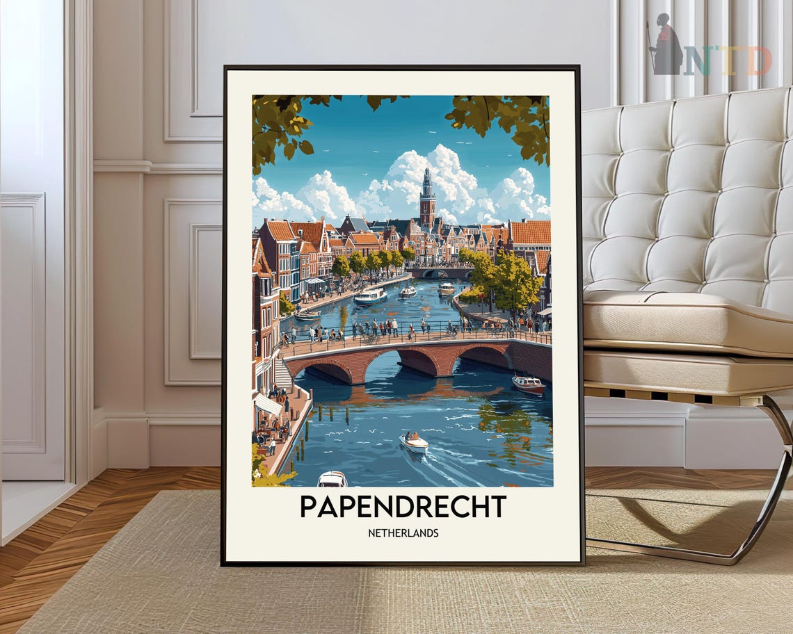 Papendrecht Netherlands Canal Bridge Busy Harbor Travel Poster