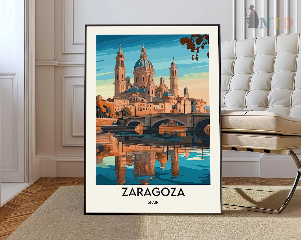 Zaragoza Spain Basilica Del Pilar River Sunset Travel Poster