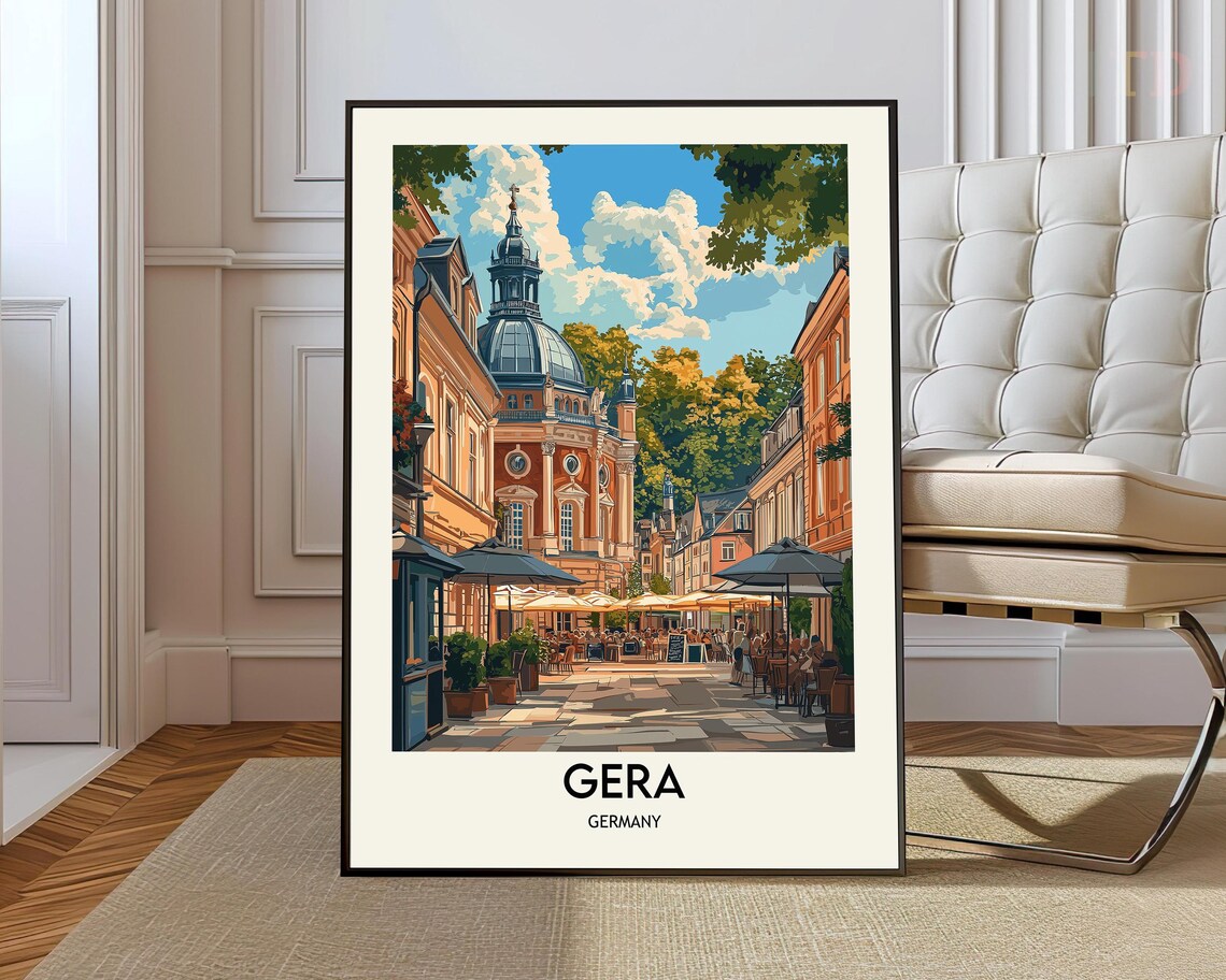 Gera Germany Historic Old Town Cafe Plaza Domed Church Travel Poster