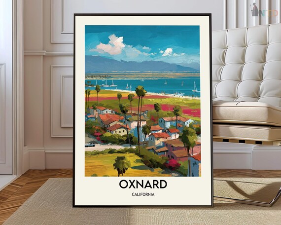 Oxnard California Harbor Town Palms Travel Illustration Poster