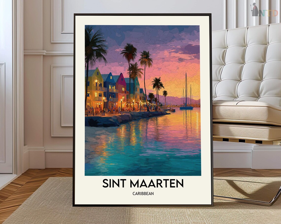 Sint Maarten Caribbean Sunset Waterfront Illustrated Travel Poster