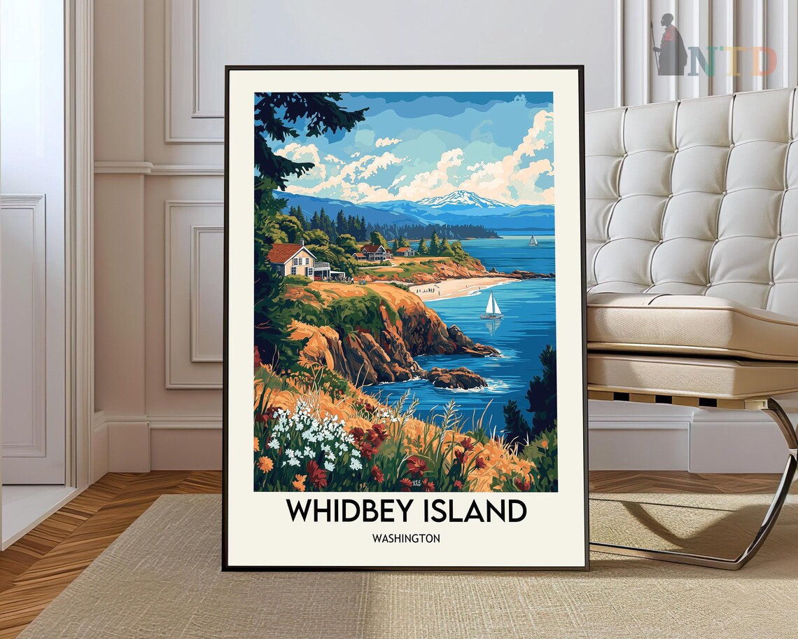 Whidbey Island Washington Vintage Travel Poster Sailboats Coastal Art