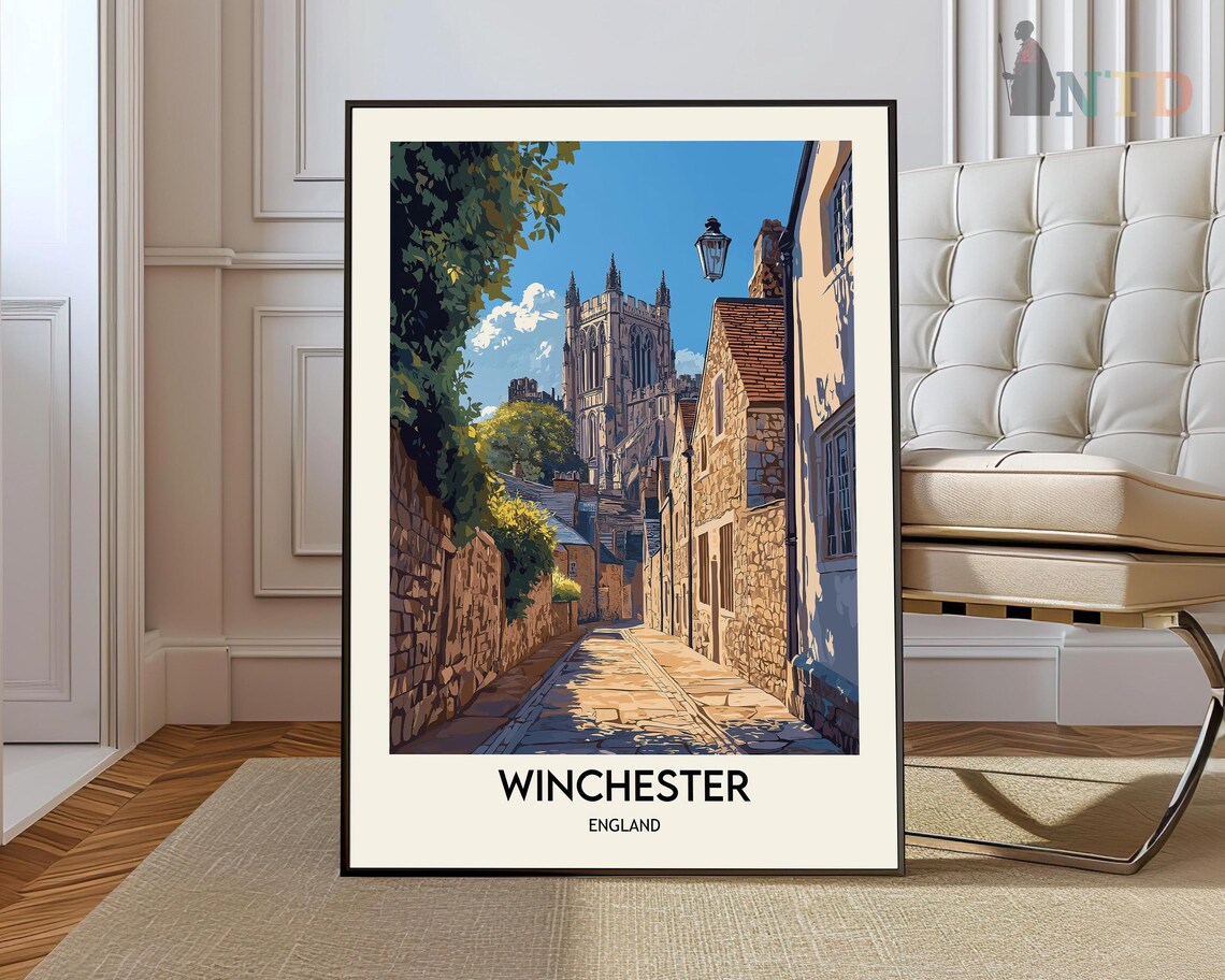 Winchester England Cathedral Lane Stone Houses Travel Poster