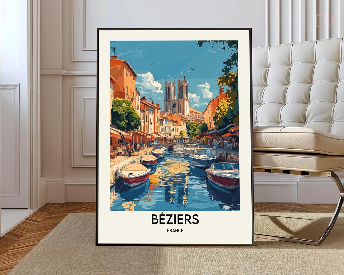 Béziers France Canal Boats Cathedral Riverside Vintage Travel Poster