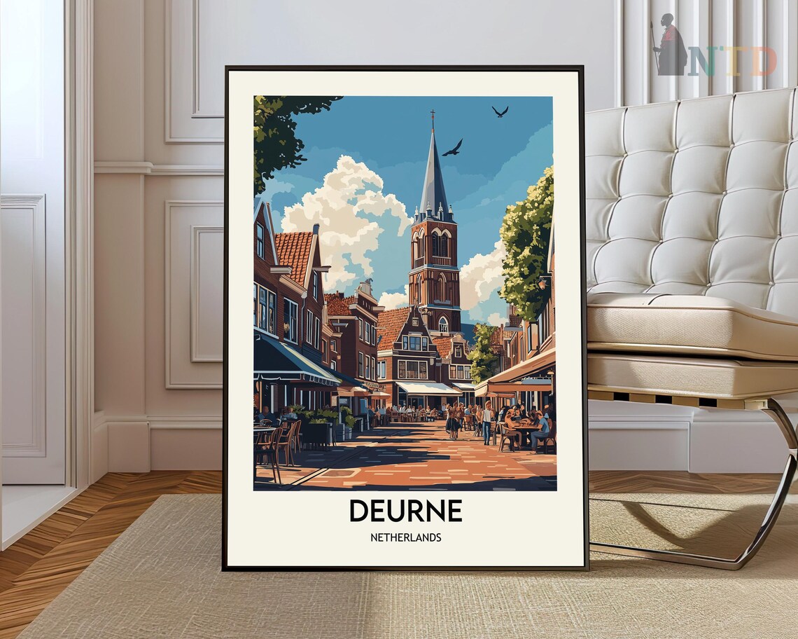 Deurne Netherlands Sunny Church Square Street Scene Travel Poster
