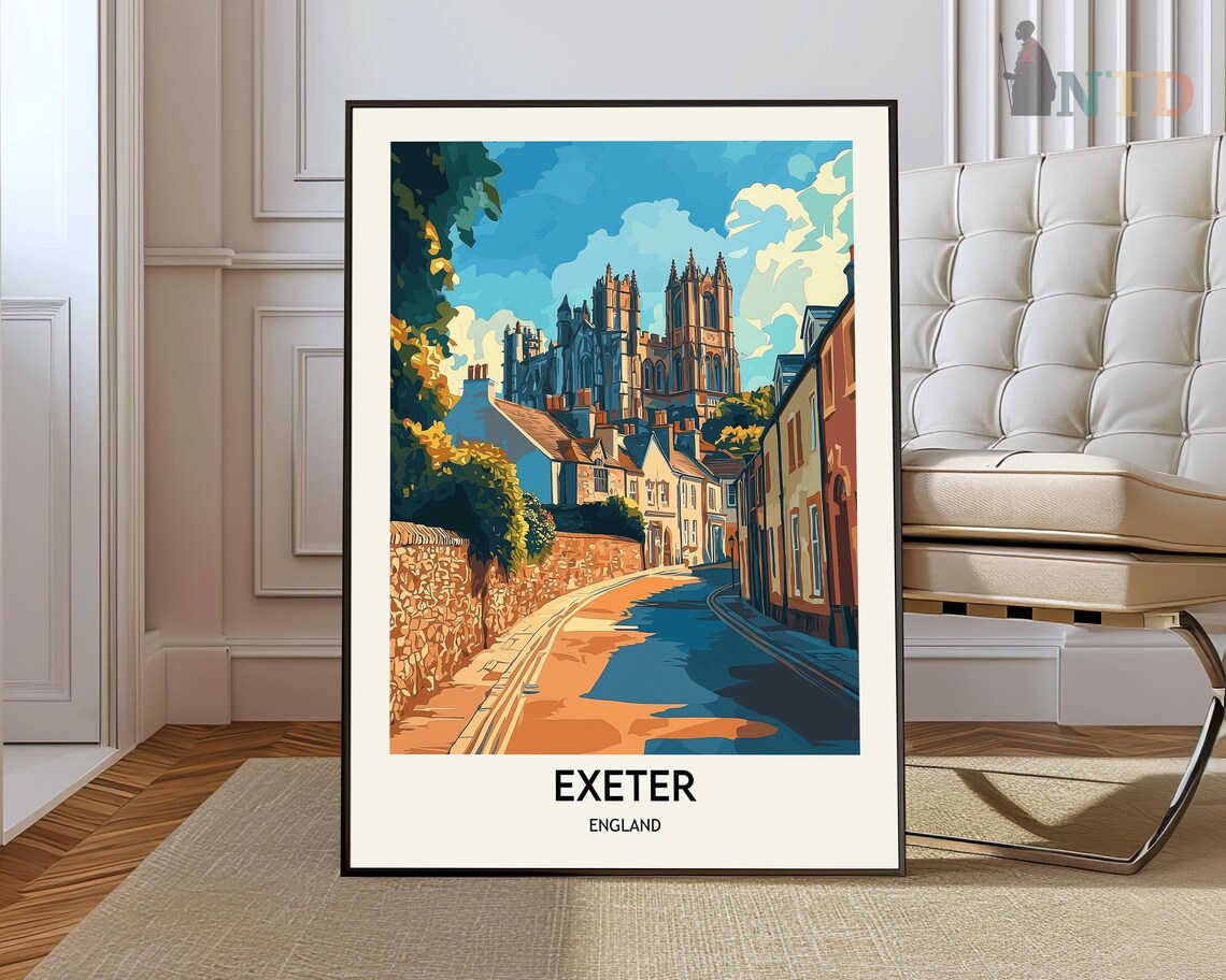 Exeter England Cathedral Historic Street Vintage Travel Poster