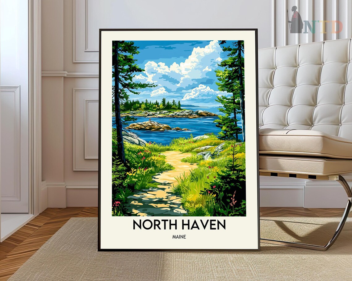 North Haven Maine Rocky Coast Pines Ocean Vintage Travel Poster