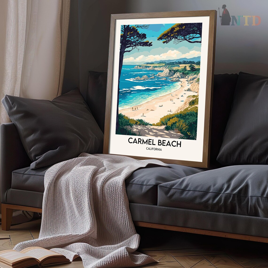 Carmel Beach Cypress Framed Ocean View Vintage Travel Poster - Image 3