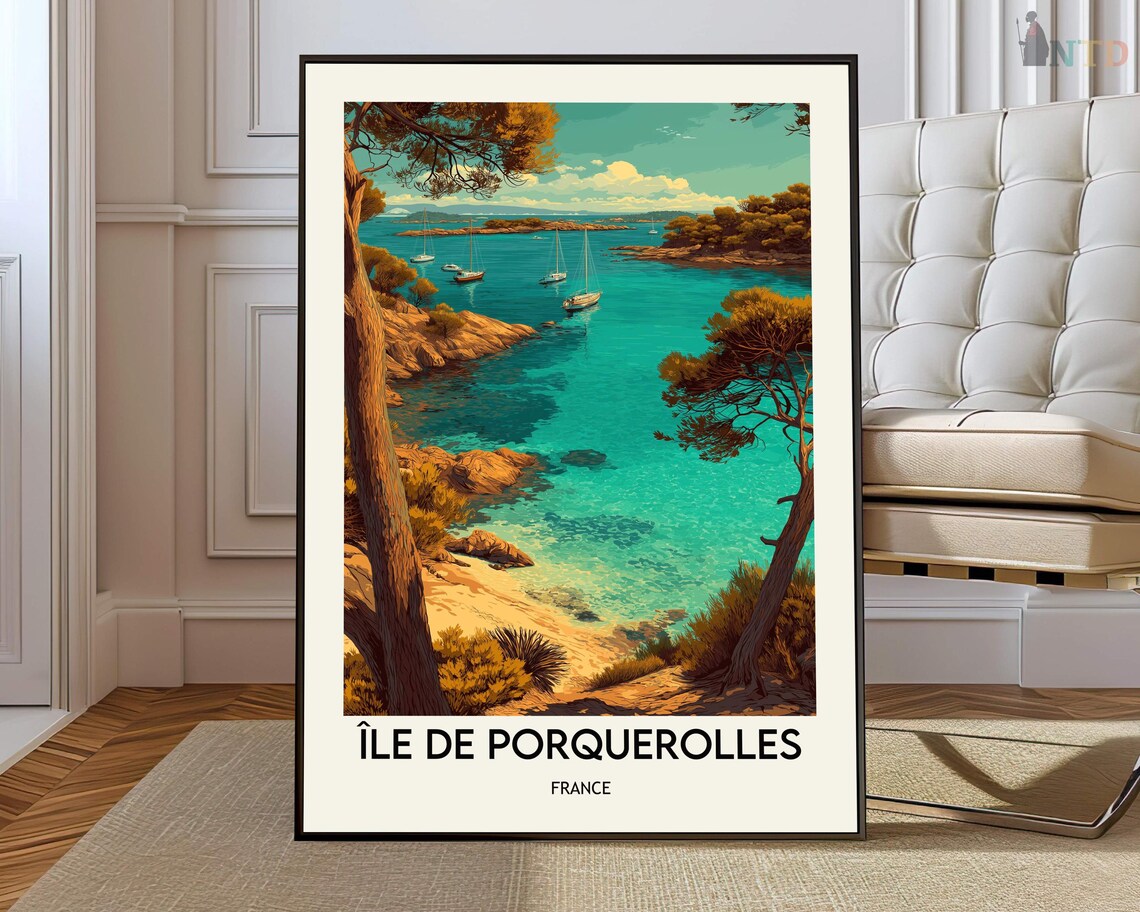 Ile de Porquerolles Pine Tree Beach Cove Riviera Travel Poster