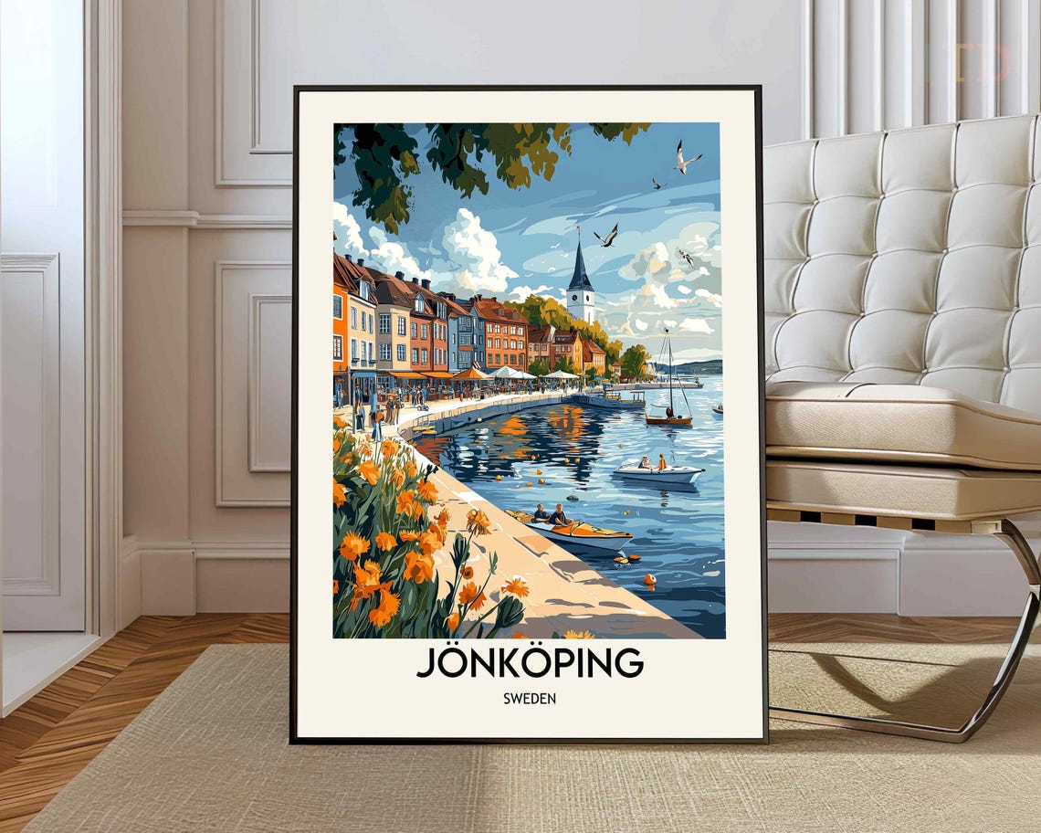 Jönköping Sweden Harbor Vintage Travel Poster Church Tower View