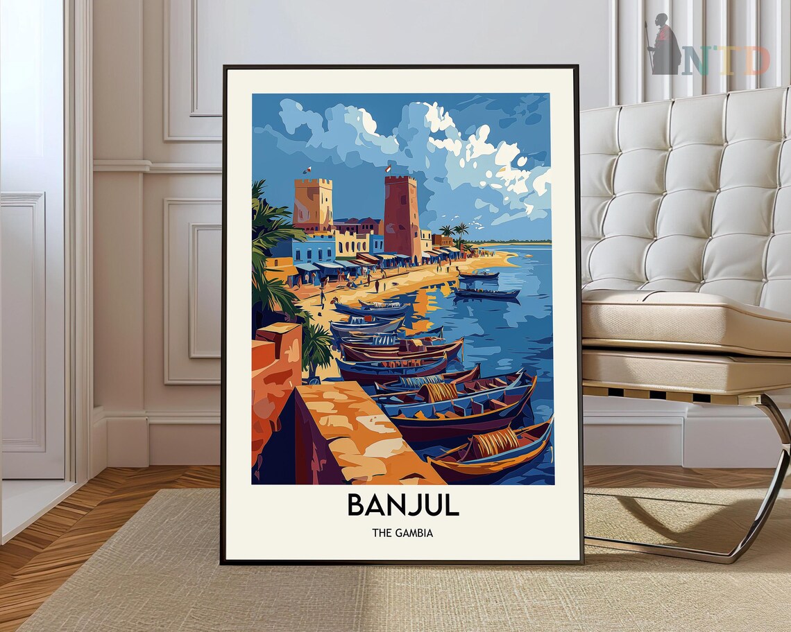 Banjul The Gambia Fishing Boats Row Old Town Waterfront Travel Poster