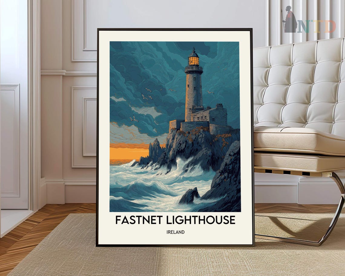 Fastnet Lighthouse Sunset Waves Dramatic Ireland Travel Poster