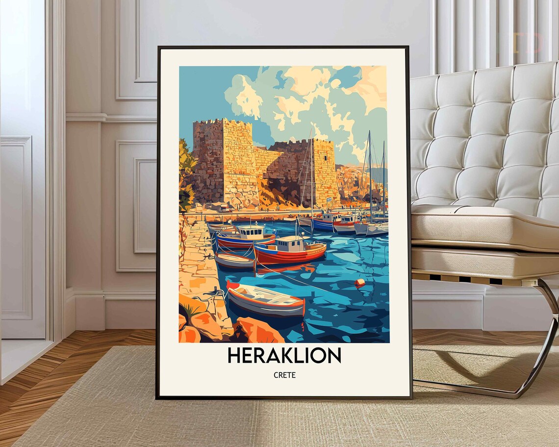 Heraklion Crete Old Harbor Fortress Fishing Boats Scene Poster