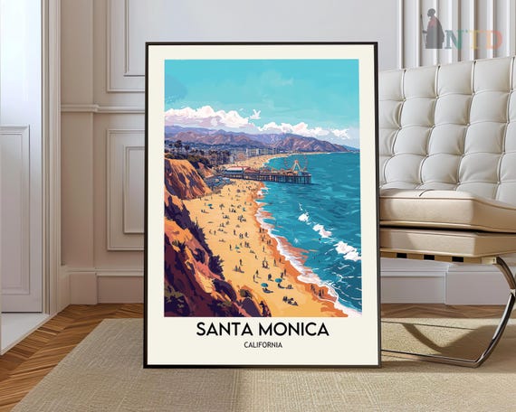 Santa Monica Pier Travel Print Beach Wall Art Illustration Poster Gift For Home Decor