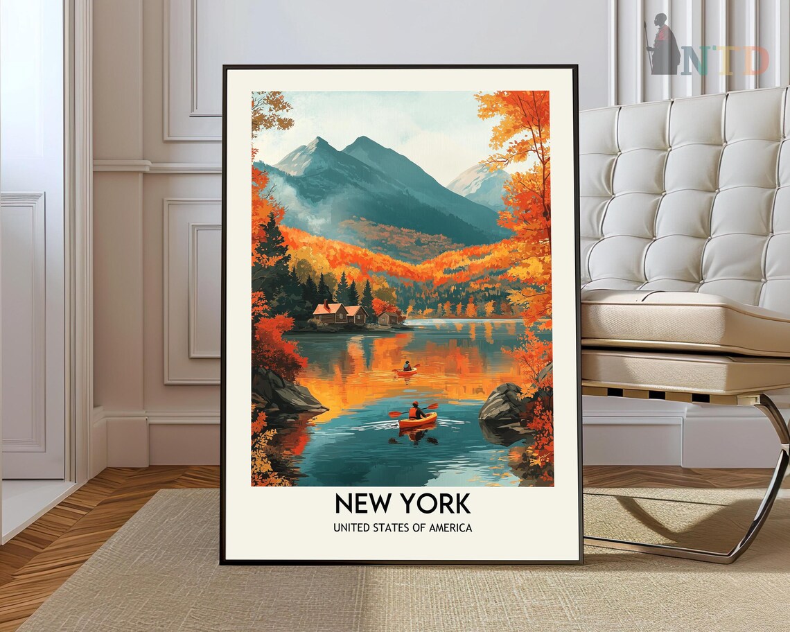 New York Mountain Lake Autumn Foliage Canoe Adventure Travel Poster