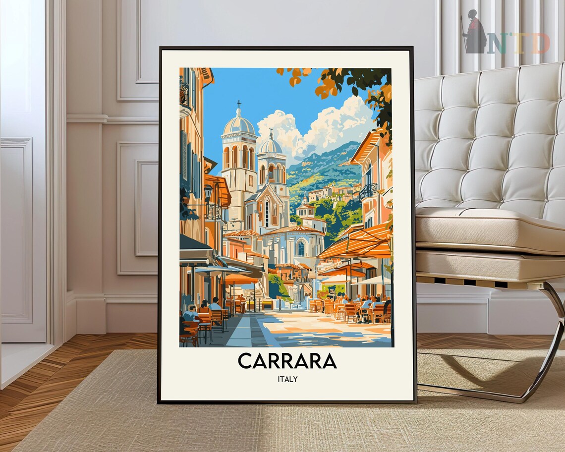 Carrara Italy Old Town Square Twin Church Towers Travel Poster