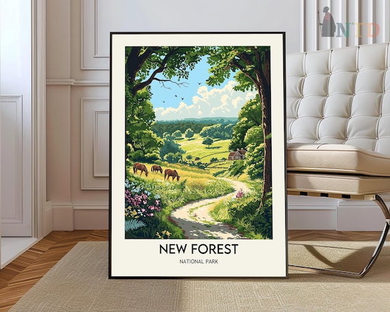 New Forest National Park Grazing Horses Meadow Retro Travel Poster