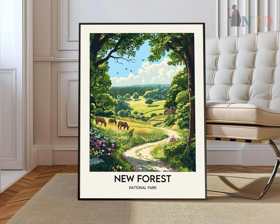 New Forest National Park Grazing Horses Meadow Retro Travel Poster