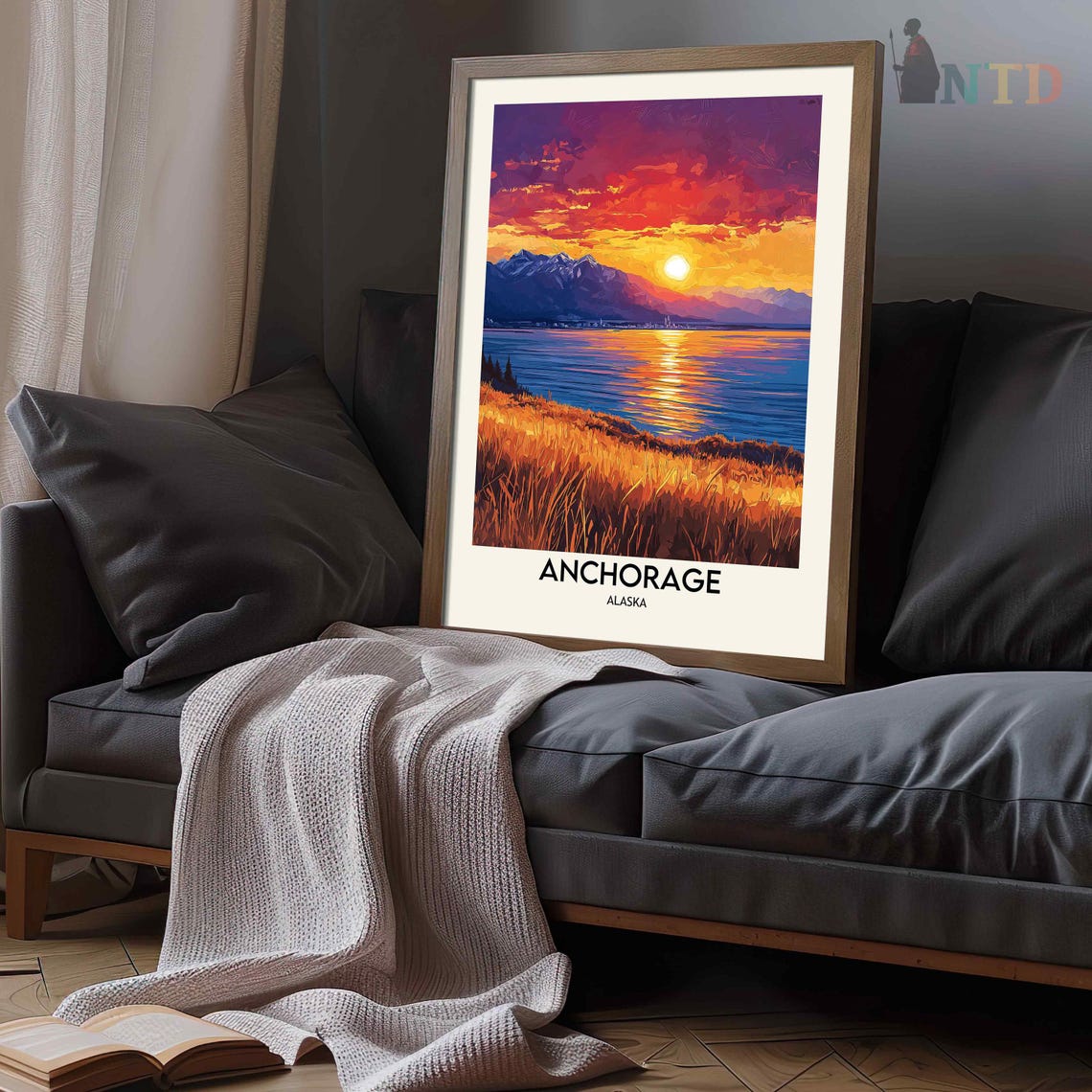 Anchorage Alaska Fiery Sunset Waterfront Mountains Grass Poster - Image 3