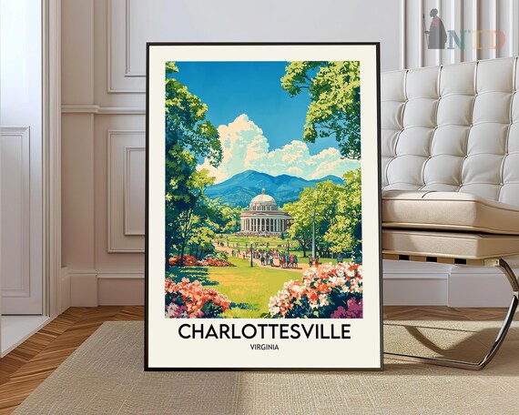 Charlottesville Virginia Retro Travel Art With Classical Dome And Blooming Garden Poster