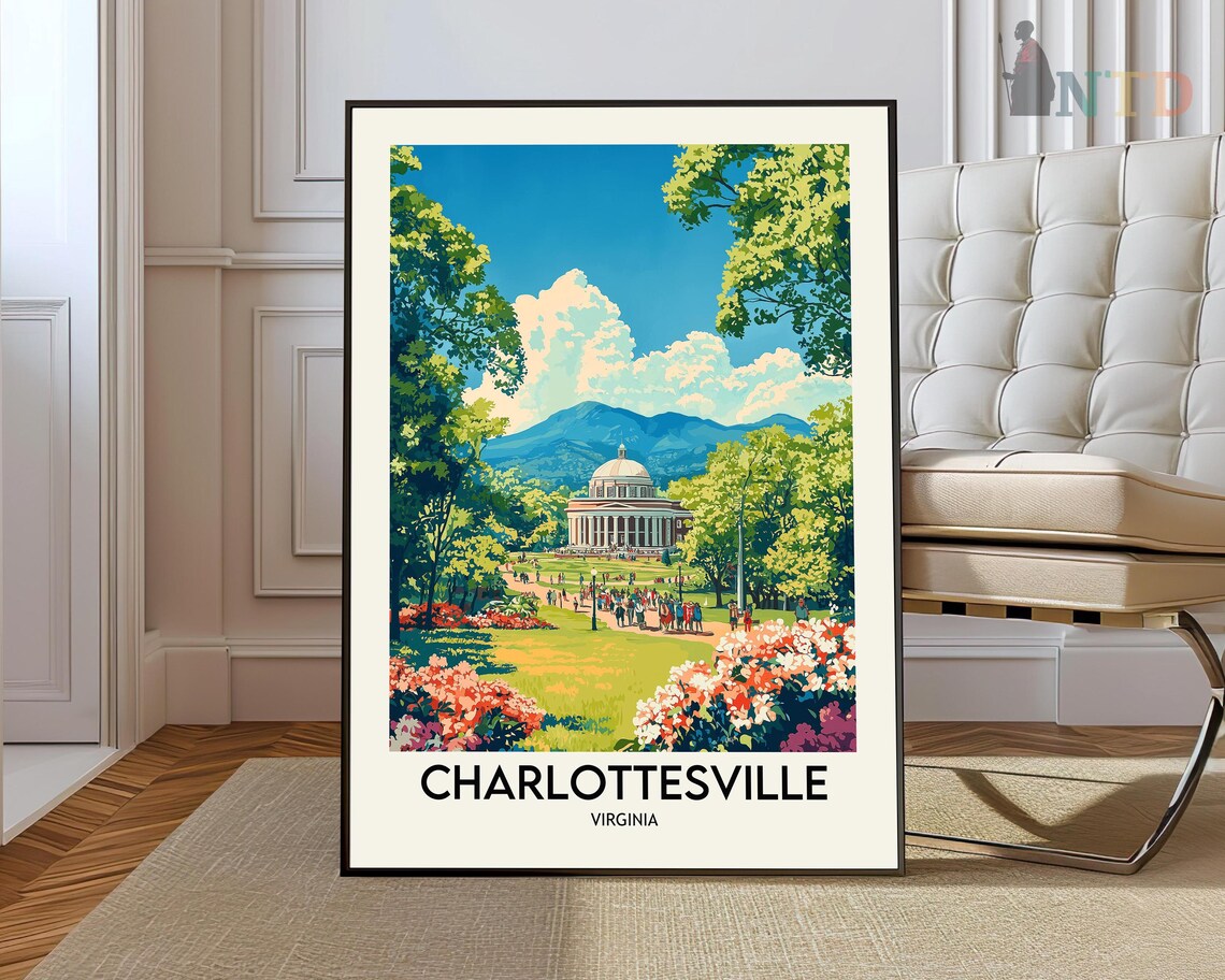 Charlottesville Virginia Retro Travel Art With Classical Dome And Blooming Garden Poster