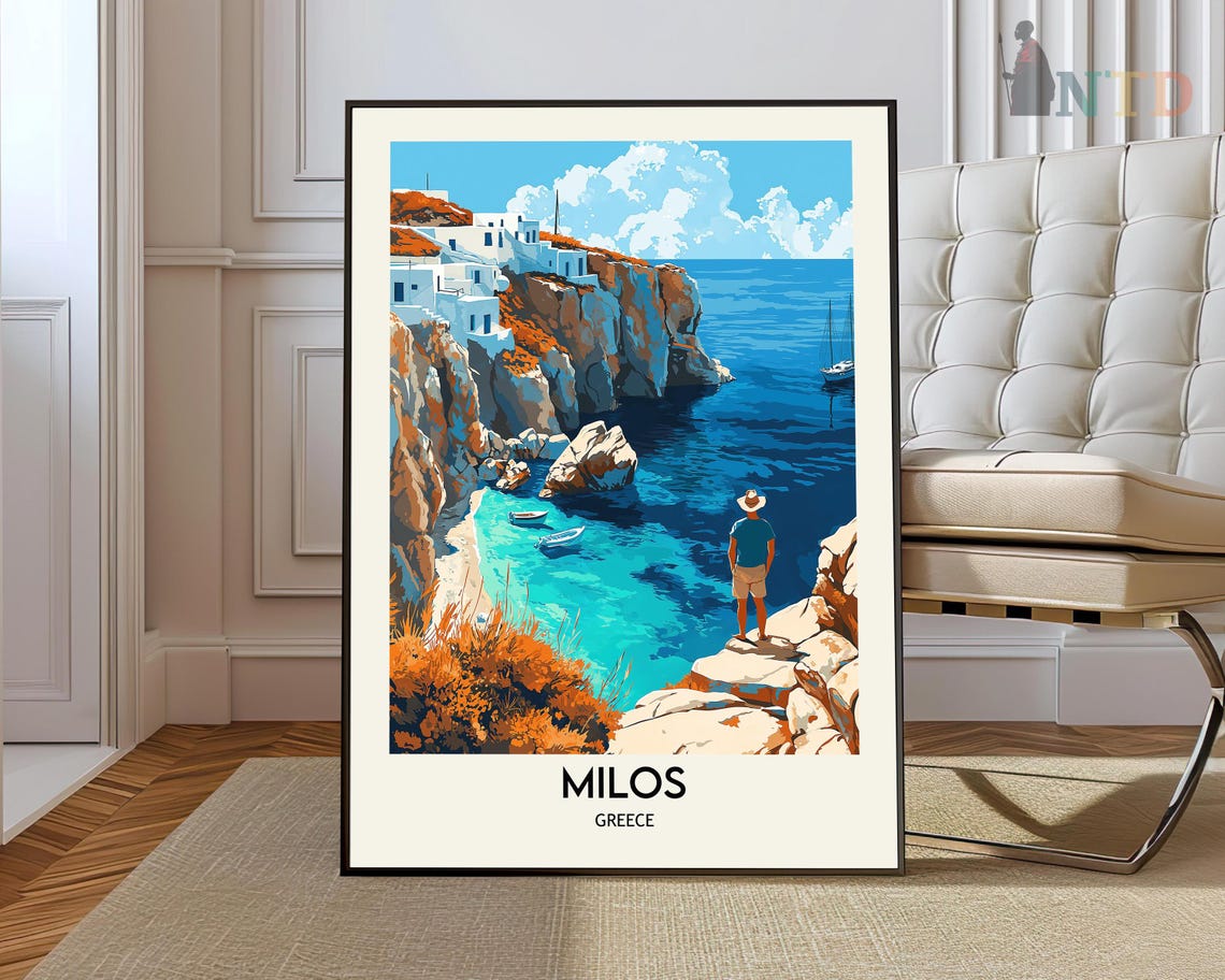 Milos Greece Aegean Cliffs Turquoise Cove Overlook Travel Poster