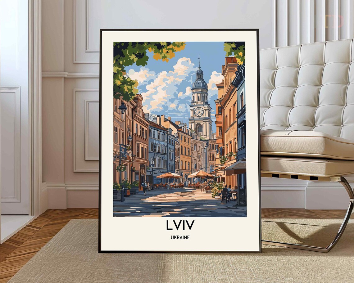 Lviv Ukraine Old Town Square Clock Tower Vintage Travel Poster