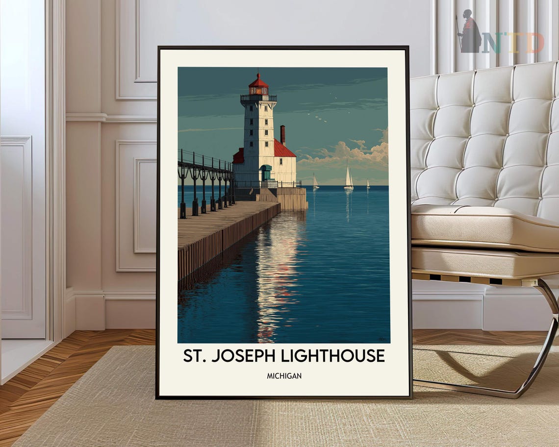 St Joseph Lighthouse Michigan Calm Harbor Reflection Travel Poster