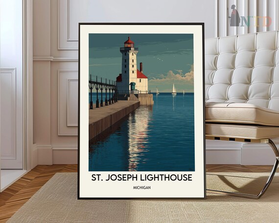 St Joseph Lighthouse Michigan Calm Harbor Reflection Travel Poster