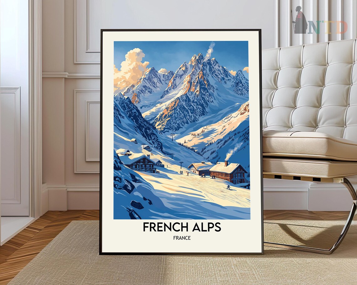 French Alps Winter Ski Village Snow Peaks Vintage Travel Poster