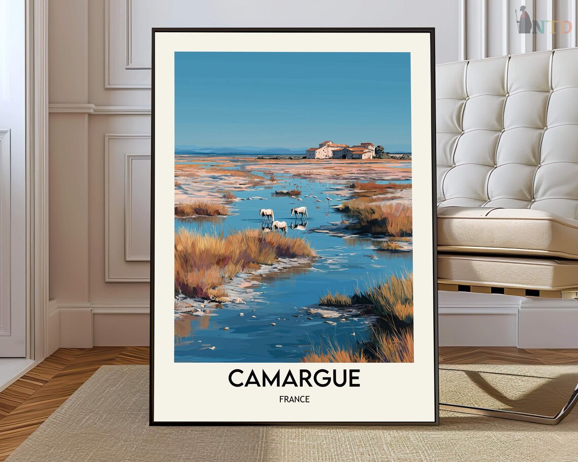 Camargue France Horses Drinking In Blue Marsh Under Wide Sky Poster
