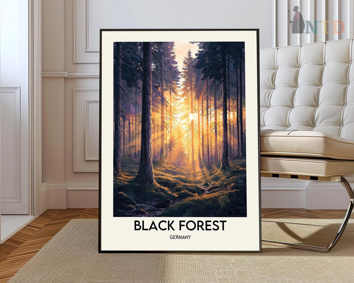 Black Forest Germany Sunrise Light Through Tall Pines Travel Poster