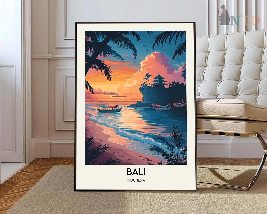 Bali Sunset Beach Palms Boats Cliff Temple Scene Travel Poster