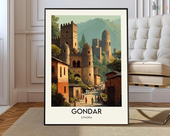 Gondar Ethiopia Ancient Castle Towers Street Scene Vintage Travel Poster