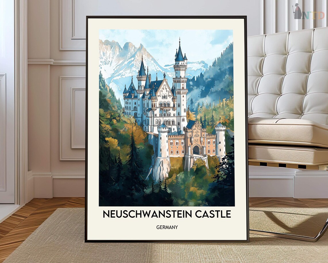 Neuschwanstein Castle Germany Watercolor Illustration Travel Poster