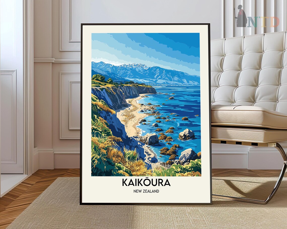 Kaikoura New Zealand Coastal Mountains Travel Illustration Poster