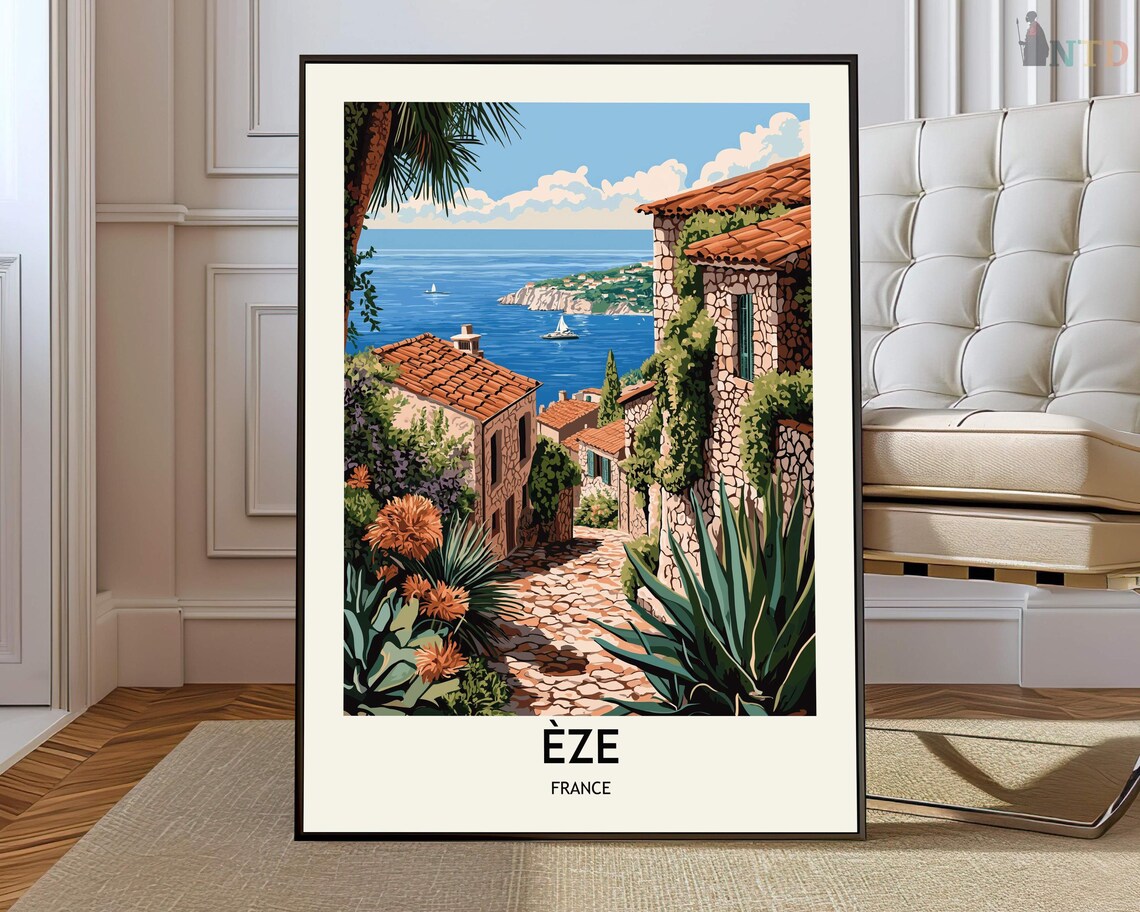 Eze France Palm Framed Village Lane Overlooking the Sea Poster