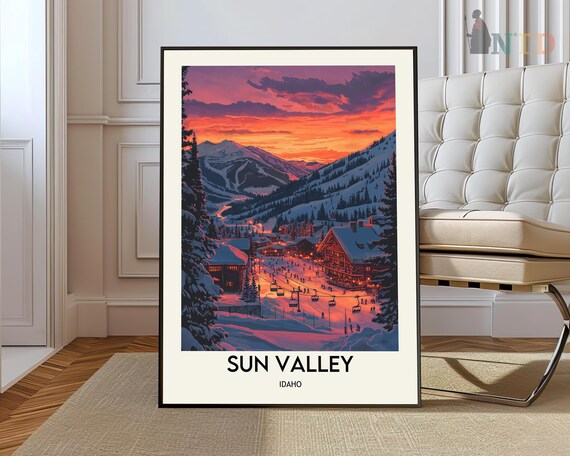 Sun Valley Idaho Sunset Ski Village Vintage Travel Poster Artwork
