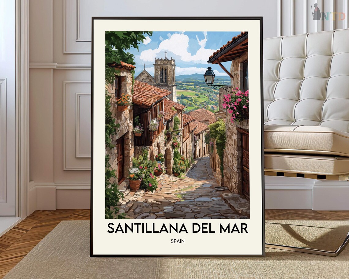 Santillana del Mar Spain Old Town Street Vintage Travel Poster