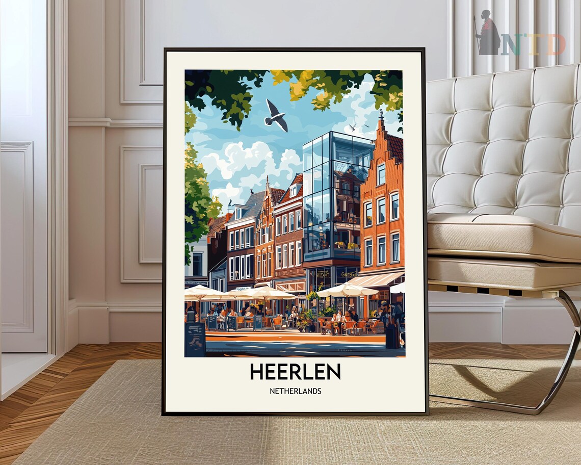 Heerlen Netherlands Vintage Cafe Terrace Town Scene Travel Poster