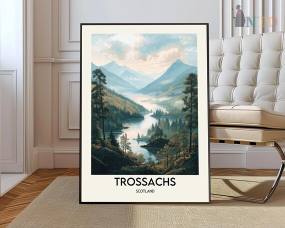 Trossachs Scotland Misty Mountain Lake Valley Vintage Style Poster