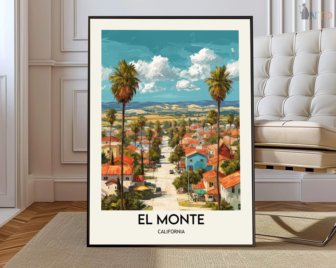 El Monte California Aerial Palm Trees Travel Poster Over Rooftops
