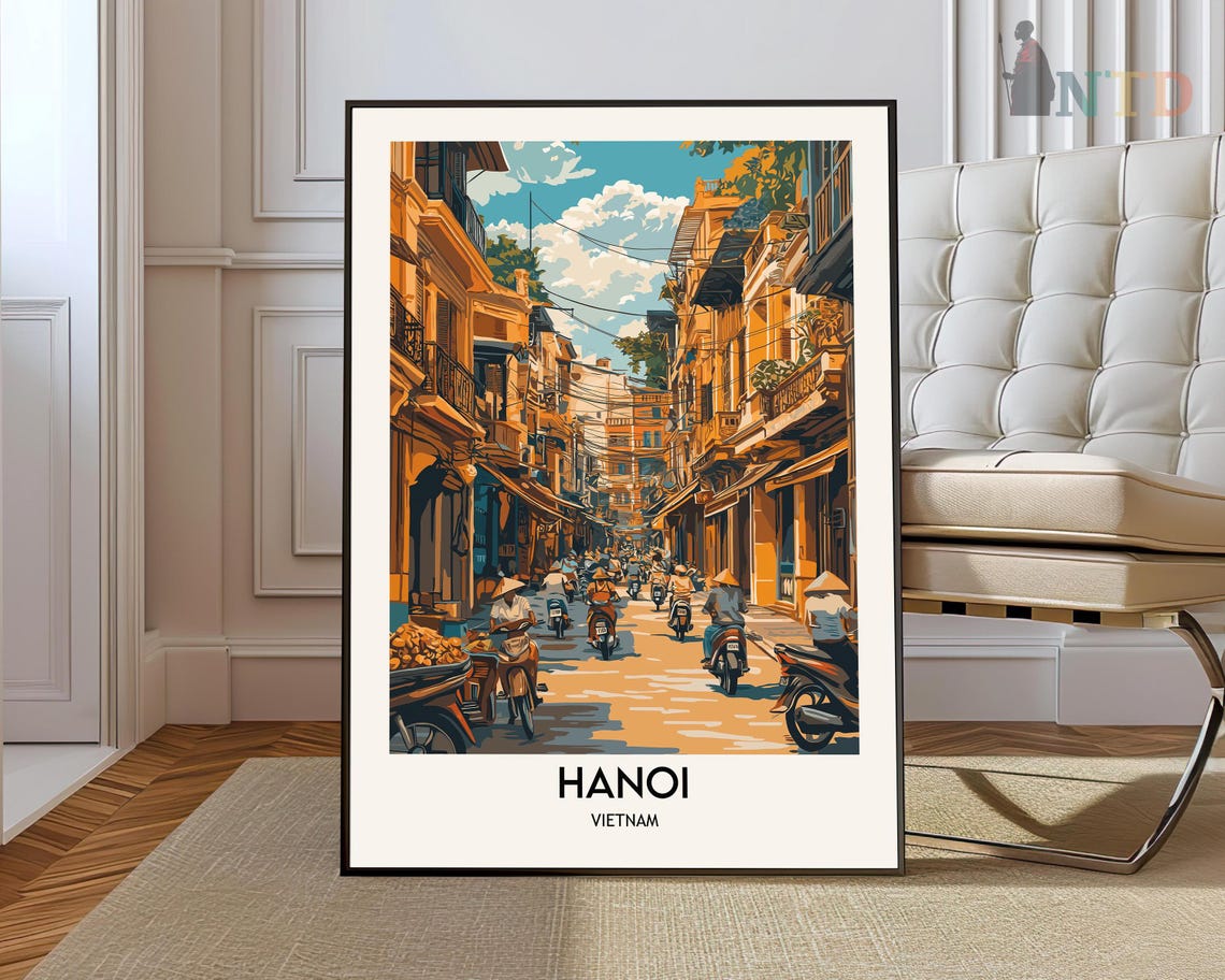 Hanoi Vietnam Street Scene Travel Poster Scooters Old Quarter
