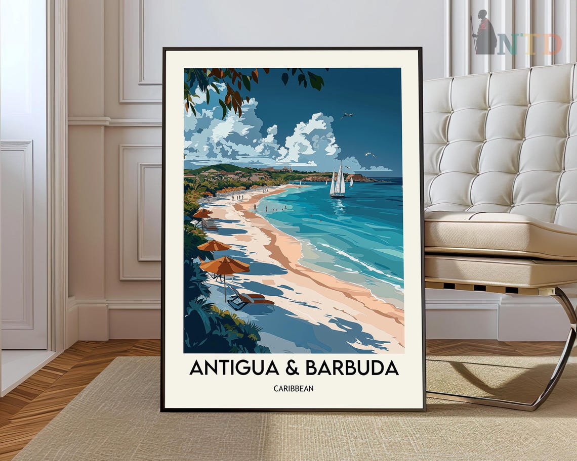Antigua and Barbuda Orange Umbrellas Beach Bay Caribbean Poster